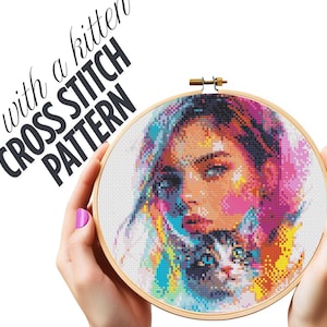 Girl with Kitten – Cross Stitch Pattern PDF Cross Stitch PDF – Little Girl and Cat Design Girl Holding Kitten – Embroidery Chart