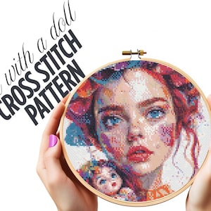 Cross Stitch pattern  Girl with Doll Vintage Style Cross Stitch Girl Holding a Doll DIY pattern Counted  Sweet Girl and Doll