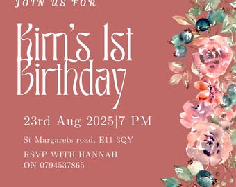 Pink floral invitation, birthday invitation template