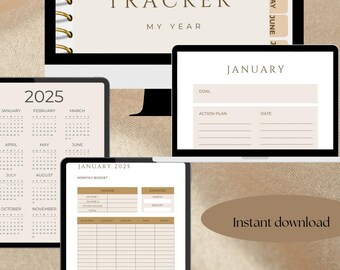 May include: A digital planner and budget tracker for the year 2025. The image shows a computer screen displaying the title "Planner & Budget Tracker" with the year 2025. Below the title are tabs for each month of the year. The image also shows a tablet displaying a calendar for the year 2025 and a budget tracker for January 2025. The text "Instant download" is visible on the image.
