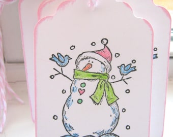 Snowman Gift Tags, Christmas Gift Tags, Pink and Green