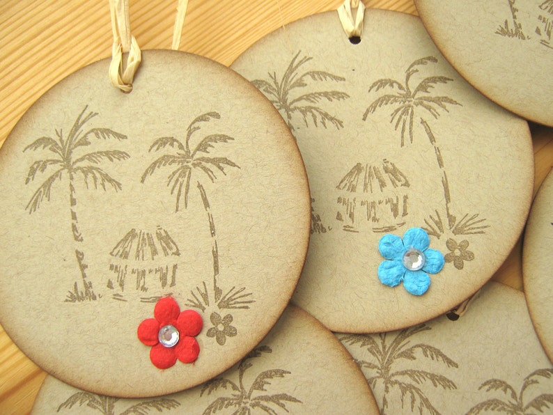 Tropical Hawaii Island Style Beach Hut and Palm Tree Gift Tags, Hawaii Wedding Favor image 1