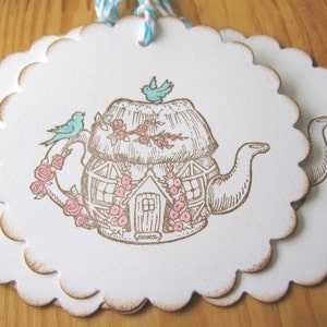 Teapot Tags, teapot gift tags, birds, cottage