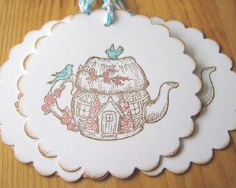 Teapot Tags, teapot gift tags, birds, cottage