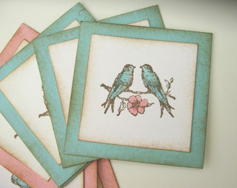 Shabby Lovebird Gift Tag, Gift Embellishment, Pink and Aqua