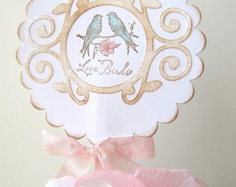 Lovebirds pink and aqua Wedding Cake Topper, Wedding Shower, Anniversary