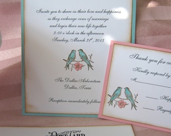 Love birds Wedding Invitation, Shabby Chic Pink and Aqua, Wedding Invitation, Shower Invitation
