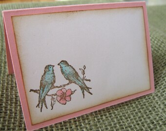 Lovebirds Wedding Placecards, Escort Cards, Shabby Vintage Style Pink and Aqua Lovebirds