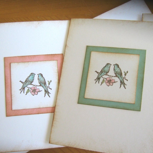 Vintage Style Shabby Chic Pink and Aqua Lovebird invitations or notecards