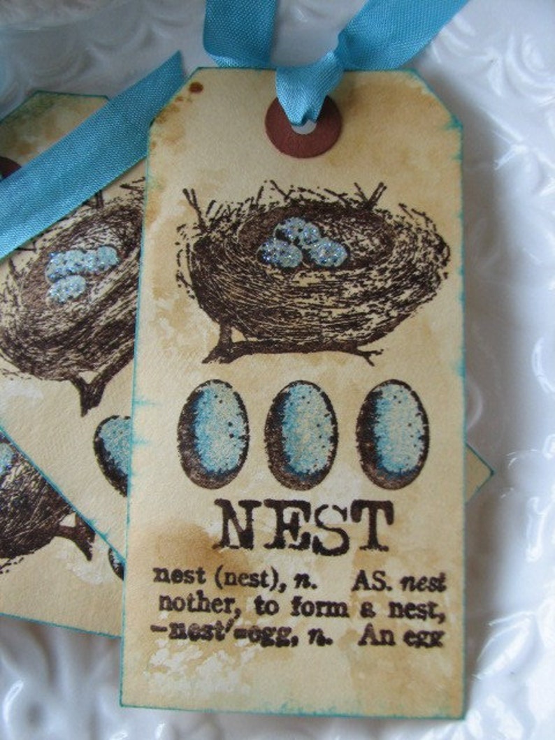 Aqua and Brown Bird Nest tags image 1