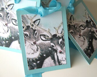 Aqua Christmas Gift Tags Reindeer