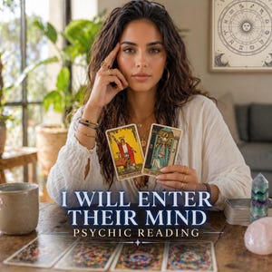 May include: A person holding two tarot cards, The Magician and The High Priestess, with text overlay reading I WILL ENTER THEIR MIND PSYCHIC READING. The person wears multiple gold rings and bracelets, a white long-sleeved top, and sits at a wooden table with more cards, a crystal, and a mug.