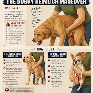 May include: An educational poster titled CHOKING HAPPENS. YOU CAN HELP. THE DOGGY HEIMLICH MANEUVER. It features illustrations of a golden retriever and a chihuahua, providing step-by-step instructions for performing the maneuver on large and small dogs.