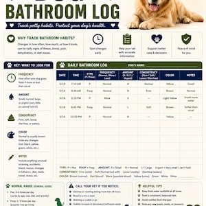 May include: A white dog bathroom log chart featuring a golden retriever image, a daily tracking table for date, time, type, frequency, amount, consistency, color, and notes, plus sections for key definitions, normal ranges, and veterinary advice.