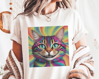 T-shirt visage de chat trippy couleurs confort chat du Cheshire ambiance rétro chat tourbillon t-shirt chat psychédélique vintage t-shirt Festival vêtements pour chat groovy