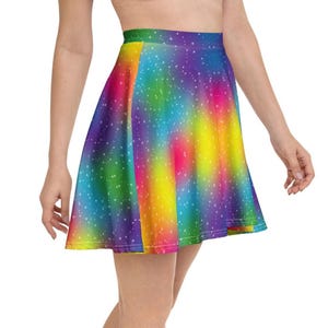 Spectrum Glow Skater Rock Regenbogen Festival Mini Rock Yoga Tanz Outfit Celestial Print Ravewear Bunt High Waist Stretchy fließende Röcke
