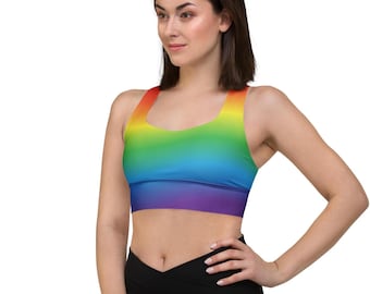 Colorwave Rainbow Fade Longline Sports Bra Crop Top Colorful Ombre Workout Top Recycled Yoga Bra Festival Pride Top Matching Set Plus Size