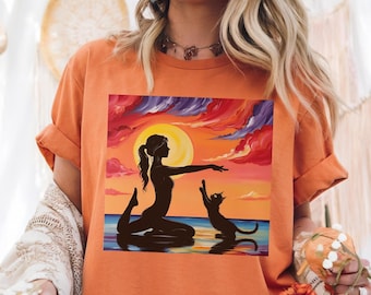 Yoga chat chemise confort couleurs coucher de soleil yoga tee chemise amoureux des chats maman chat consciente t-shirt Boho spirituel chemise festival vêtements cadeau pour yogi
