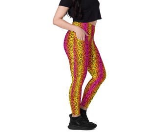 Solar Flare Leopard Print Yoga Leggings with Pockets High Waisted Recycled Festival Pants Rave Outfit Vibrant Workout Leggings for Women