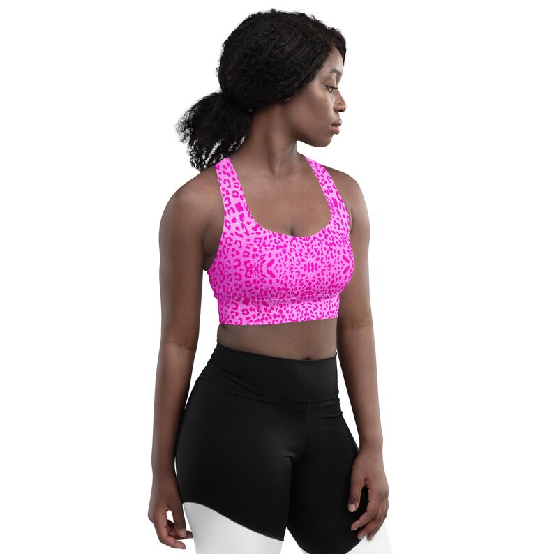 Leopard Rave Top Pink Pounce Leopard Print Longline Sports Bra Recycled Festival Crop ...