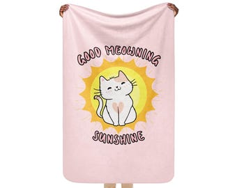 Cute Cat Sherpa Blanket – Good Meowning Sunshine Design – Soft Pink & Yellow Cozy Throw – Gift for Cat Lovers and kids - cozy baby blanket