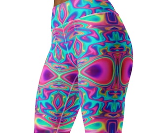 Mystic Whirl High-Waisted Yoga Leggings Cosmic Festival Clothing, Pink Purple Blue Galaxy Print Leggings, Witchy Activewear for Yoga & Dance