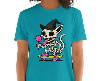Skeleton Cat Skateboard T-Shirt – Punk Graphic Tee, Skater Cat Shirt, Cute Goth Skeleton Tee, Funny Alternative Fashion Top