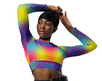 Spectrum Glow Rainbow Crop Top | Festival Rave Clothing | Long Sleeve Crop Shirt | Psychedelic Streetwear | Eco Athletic Top | Pride Clothes