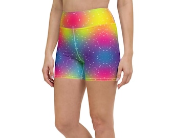 Pantaloncini da yoga Spectrum Glow, pantaloni da festival arcobaleno, pantaloncini da allenamento elasticizzati a vita alta, colorati, pantaloncini da yoga con orgoglio.