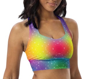 Spectrum Glow Rainbow Sports Bra Longline Crop Top Recycled Yoga Top Rave Festival Activewear Colorful Workout Matching Set Top