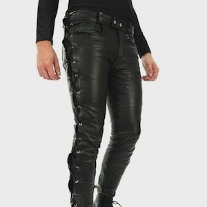 Men&#39;s Black Lace Up Leather Pants - Side & Fly Laced Biker Trousers, Slim Fit Festival Punk Pant, Gothic Streetwear Pants - Gift For Him/Boy