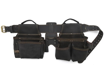 Handmade Black Leather Tool Belt: 4-Piece 17-Pocket Heavy-Duty Tool Bag
