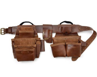 Handmade Brown Leather Tool Belt: 17-Pocket Framer&#39;s Combo