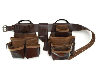 Left-Handed Full-Grain Leather Tool Belt: 19 Pocket Heavy-Duty Carpenter Belt