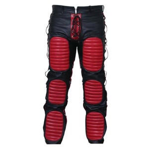 メンズ ブラック 牛革 ヘビーデューティー ボンテージ ジーンズ パンツ（レッドコントラスト）