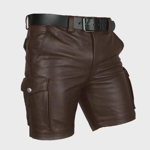 Men&#39;s Lambskin Leather Cargo Shorts with Belt: Casual Brown Biker Style