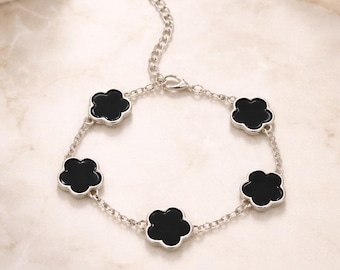 Black Clover Charm Bracelet, Silver Tone, Minimalist Floral Jewellery