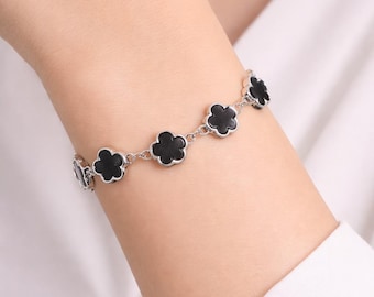 Black Clover Bracelet, Silver Tone Floral Charm, Minimalist Jewellery