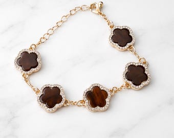 Gold Clover Bracelet, Tiger Eye Style Stones, Crystal Accents, Adjustable Chain