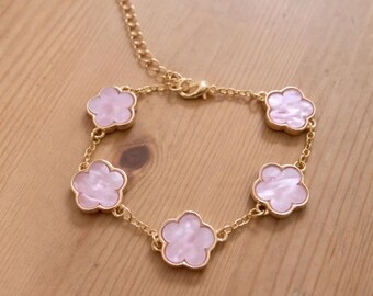 Gold Pink Clover Flower Bracelet, Pearlescent Charm Jewelry, Adjustable Chain