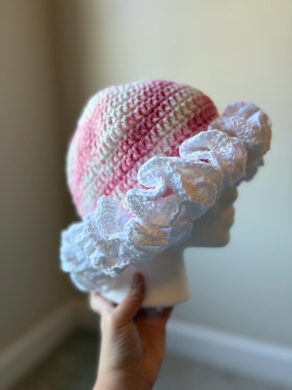White and Pink Ruffle Bucket Hat - Etsy display picture 1