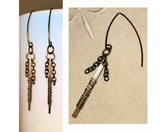Wire Wrapped Jewelry | Vertical Bar and Chain Earrings | Handmade Contemporary Geometric Earrings | Antique Brass Dangle Stick Earrings