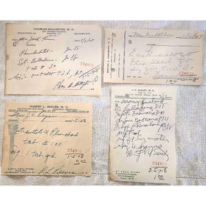 May include: Four vintage prescription documents with handwritten text. The papers are aged, with visible creases and stains. The text includes medical terms, patient names, and dates. The documents are arranged on a white surface.