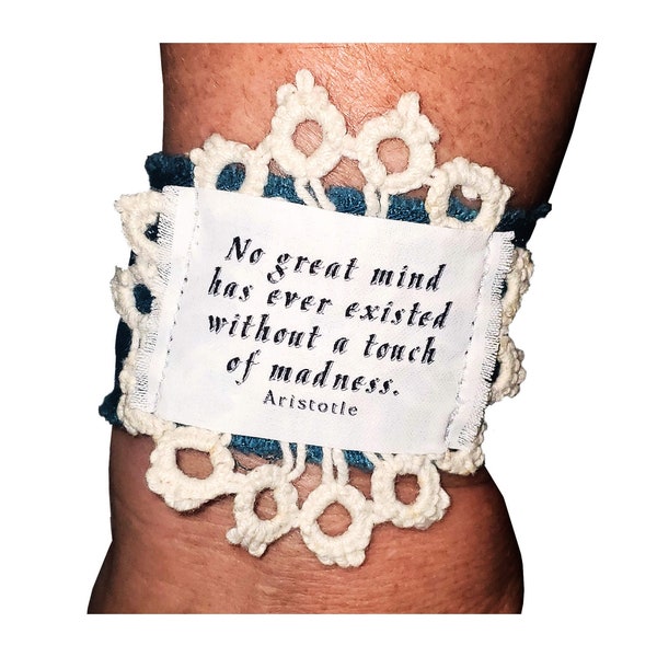 Inspirational Aristotle Quote Bracelet Cuff. Victorian Goth Philosophy Gift. Gothic Steampunk Jewelry. Turquoise Fabric, Stretch Bracelet.