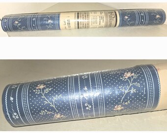 Vintage Prepasted Double Roll Wall Paper. Dark Dusty Blue Floral Stripe Pink Green White Flowers & Leaves. French Cottage Home Wall Decor.