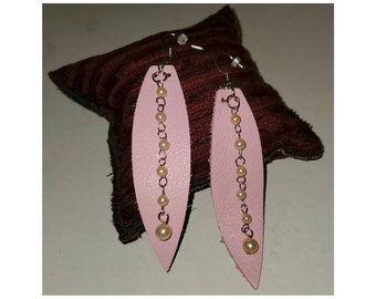 Elegant Pink Leather Earrings with Vintage Pearls | Lightweight Long Dangle Leaf Earrings | Handmade Rosary Chain | Unique Jewelry Gift