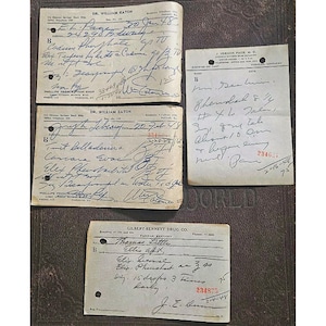 May include: A collection of vintage prescription notes, featuring handwritten text and signatures. The notes are on aged paper, with details from various doctors and pharmacies. The background is a dark brown leather-bound book.