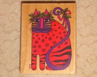 Vintage Wood Mounted Rubber Stamp. Christmas Holiday Cat Rubber Stamp. Retired Rubber Stamp. Festive Feline Laurel Burch Rubber Stamp.