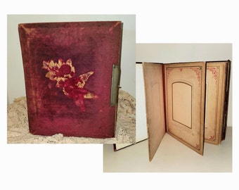 Antique Red Velvet Photo Album. Victorian Photograph Album w Brass Feet. Holds 28 Cabinet Cards & 40 Carte de Vistas.  Vintage Wedding Album