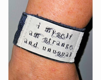 Beetlejuice Jewelry Goth Bracelet Cuff. I Myself Am Strange & Unusual. Movie Quote Bracelet. Gothic Jewelry. Halloween Horror Gift.